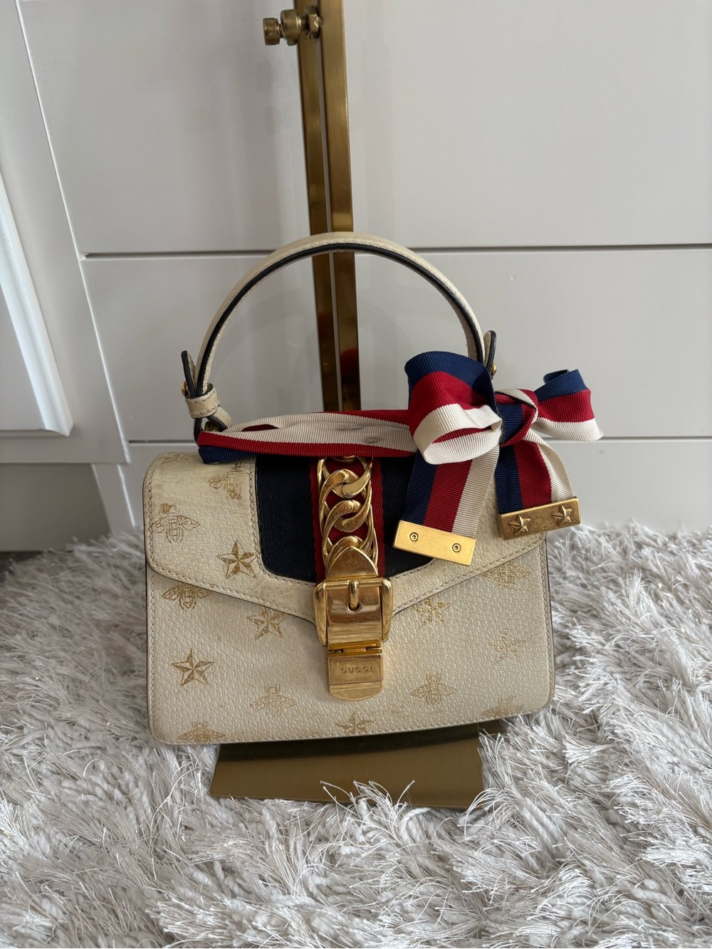 Gucci sylvieWhite Mini Top-Handle Bag with Red white and Navy Ribbon